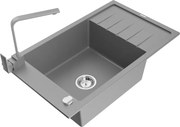 Mexen Elias granitový jednokomorový drez s odkvapkávačom a kuchynskou batériou Rita, Šedá - 6511-71-670300-71