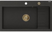Mexen Omar, 1-komorový granitový drez 800x480x210 mm, čierna-zlatá metalíza, zlatý sifón, 6520801005-75-G