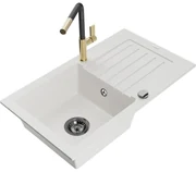 Mexen Pablo, 1-komorový granitový drez 752x436x161 mm a drezová batéria Flora, biela, 6510-20-670401-57-B