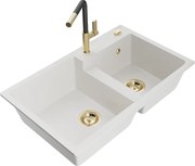 Mexen Tomas granitový dvojkomorový drez s kuchynskou batériou Flora, Biela - 6516-20-670401-57-G