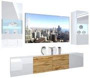 Obývacia stena Belini Premium Full Version biely lesk / dub wotan + LED osvetlenie Nexum 105