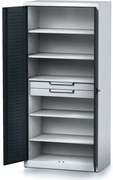 Alfa 3 Policová dielenská skriňa 2-dverová MECHANIC, 5 políc, 2 zásuvky, 920 x 500 x 1950 mm, antracitové dvere