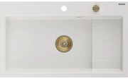 Mexen Omar, 1-komorový granitový drez 800x480x210 mm, biela, zlatý sifón, 6520801005-20-G