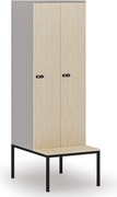 Drevená šatníková skrinka S4 s lavičkou, 2 oddiely, 1871 x 600 x 500/800 mm, demont, mechanický kódový zámok, sivá/breza