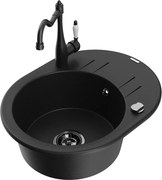 Mexen Kevin granitový jednokomorový drez s odkvapkávačom a kuchynskou batériou Carla, Čierna - 6517-77-670700-70-B
