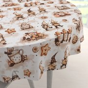 Biante Bavlnený okrúhly obrus Sandra SA-663 Hnedí škriatkovia s perníčkami na bielom Ø 150 cm