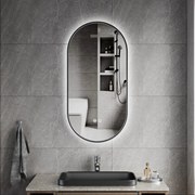 Erga Freya, oválne LED zrkadlo 40x80cm v čiernom kovovom ráme, 3 farby svetla, zadné osvetlenie, vyhrievacia podložka proti zapareniu, ERG-V01-FREYA-4080-BK