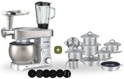 MEGAKOMBO BestBerg BBR-2000S multifunkčný kuchynský robot s nástavcami na cestoviny + 15-dielna sada hrncov a panvíc s nepriľnavým povrchom z nehrdzavejúcej ocele BestBerg BBSC-15 / strieborná
