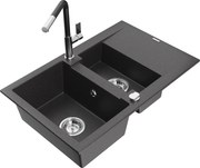 Mexen Gaspar granitový 1,5-komorový drez s odkvapkávačom a kuchynskou batériou Flora, Čierna škvrnitá - 6507-76-670401-07
