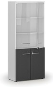 Kombinovaná kancelárska skriňa PRIMO WHITE s drevenými a sklenenými dverami, 800 x 420 x 1781 mm, biela/grafit