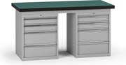 Pracovný stôl do dielne G8, 1500 x 750 x 800 mm, 2x kontejner, 8 zásuviek, sivá