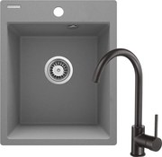 Deante Corio, granitový 1-komorový drez 500x400x211mm + čierna drezová batéria, šedá metalíza, DEA-ZRCBS103