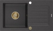 Mexen Pablo granitový jednokomorový drez s odkvapkávačom 752 x 436 mm, Čierna škvrnitá, Sifón Zlatá - 6510751010-76-G