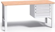 Pracovný stôl do dielne G3 so závesným boxom na náradie, buková škárovka, 3 zásuvky, pevné kovové nohy, 1500 mm, sivá