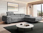 Šedá rohová sedačka s funkciou spania vpravo Norberg s nastaviteľnými opierkami hlavy.