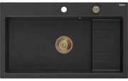 Mexen Omar, 1-komorový granitový drez 800x480x210 mm, čierna-strieborná metalíza, zlatý sifón, 6520801005-73-G