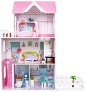Veľký drevený domček pre bábiky ružovej farby pre deti od 3 rokov, doplnky, nábytok + 3 poschodia