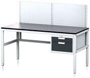 Alfa 3 Nastaviteľný dielenský stôl MECHANIC II s perfopanelom, 2 zásuvkový box na náradie, 1600x700x745-985 mm, sivá/antracit