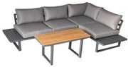 Hliníkový set: Rohová pohovka na terasu + stolík - hranaté so sivými vankúšmi