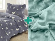 Svietiace obliečky mikroplyš BIG MOON sivé + plachta mikroplyš SOFT 90x200 cm mentolová