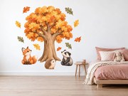 Zvieratká pod jesenným dubom detské akvarelové nálepky s dubom na stenu arch 30 x 46 cm