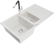 Mexen Matias, 1,5-komorový granitový drez 900x505x200 mm a drezová batéria Flora, biela, 6502-20-670401-07