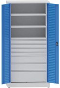 Dielenská kovová skriňa na náradie KOVONA, 2 police, 7 zásuviek, zváraná, nosnosť 80 kg, 950 x 500 x 1950 mm