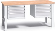 Pracovný stôl do dielne G3 s 2 závesnými boxami na náradie, buková škárovka, 6 zásuviek, pevné kovové nohy, 1700 mm, sivá