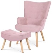 Křeslo "ušák" s podnožkou, potah starorůžová látka, nohy masiv kaučukovník