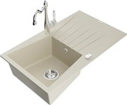 Mexen Cesar granitový jednokomorový drez s odkvapkávačom a kuchynskou batériou Carla, Béžová - 6514-69-670700-00