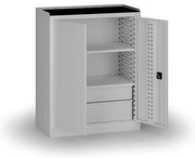 Policová dielenská skriňa 2-dverová, 2 police + 4 zásuvky, 1180 × 950 × 500 mm, sivé dvere