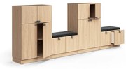 Úložná skriňa QBUS, 2 skrinky + 2 lavice, so soklom, 1257x3200x420 mm, dub, tmavošedá poduška