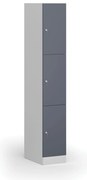 Šatníková skrinka S1 s úložnými boxmi, 3 boxy, 1850 x 300 x 500 mm, demont, cylindrický zámok, tmavosivé dvere