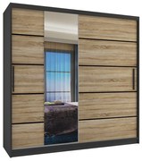 Šatníková skriňa 200 cm Belini čierny mat / dub sonoma s posuvnými dverami zrkadlom a zásuvkami  MBP SZP5/1/B/DS/0/KLP