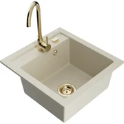 Mexen Vito, 1-komorový granitový drez 520x490x210 mm, zlatá batéria Telma, béžová, 6503-69-670200-50