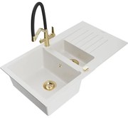 Mexen Matias, 1,5-komorový granitový drez 900x505x200 mm a drezová batéria Duo, biela, 6502-20-671701-57-G
