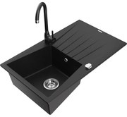 Mexen Cesar, 1-komorový granitový drez s odkvapkávačom 78x47 cm a kuchynskou batériou Telma, čierna, 6514-77-670200-70