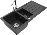 Mexen Andres granitový 1,5-komorový drez s odkvapkávačom a kuchynskou batériou Rita, Čierna/Strieborná metalíza - 6515-73-670300