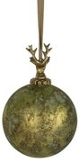 Zlato-zelená antik sklenená vianočná guľa s jeleňom Deer - Ø 12* 19 cm