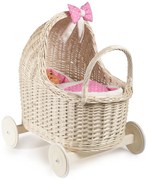 Kočík prútený ružové perinky pre bábiku Buggy II.š. 53 x hl. 35 x v. 32/55(cm)