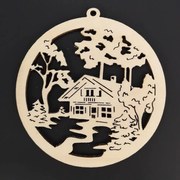 AMADEA Drevená ozdoba gule s chalúpkou 9 cm