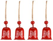 Súprava závesných vianočných zvončekov, 4 ks, červená, kov