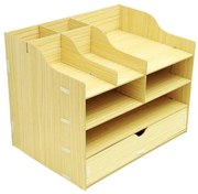 Drevený kancelársky organizér na dokumenty s 8 priehradkami a širokou zásuvkou svetlé drevo DIY 2411 Svetlé drevo