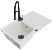 Mexen Cesar, 1-komorový granitový drez 775x470x190 mm a drezová batéria Aster, biela, 6514-20-73450-70-B