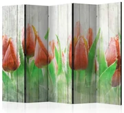 Artgeist Paraván - Red tulips on wood [Room Dividers]
