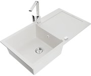 Mexen Leo, drez granitový 900x500x190 mm, 1-komorový, biely s chrómovým sifónom a chrómová drezová batéria Rita, 6501-20-670300-00
