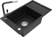 Mexen Elias granitový jednokomorový drez s odkvapkávačom a kuchynskou batériou Flora, Čierna - 6511-77-670401-07