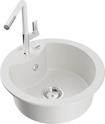 Mexen Diego granitový jednokomorový drez s kuchynskou batériou Flora, Biela - 6512-20-670401-02