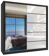 Šatníková skriňa 200 cm Belini čierny mat /biely lesk s posuvnými dverami zrkadlom a zásuvkami  MGB SZP5/1/B/1L5W/KLP