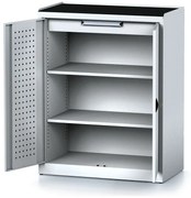 Policová dielenská skriňa 2-dverová MECHANIC, 2 police, 1 zásuvka, 920 x 500 x 1170 mm, sivé dvere